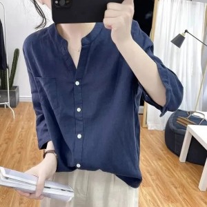 Comfortable Half Open Collar Loose Casual Women Tops - Blue