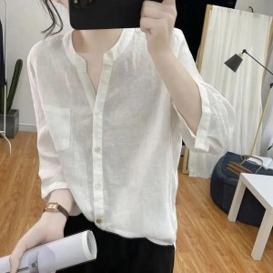 Comfortable Half Open Collar Loose Casual Women Tops - White