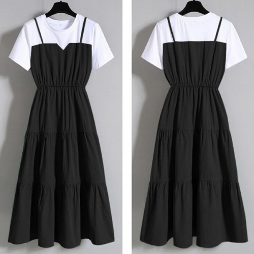 Suspenders Patchwork Fake Two Piece O-Neck Cupcake Midi Dress - Black image