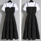 Suspenders Patchwork Fake Two Piece O-Neck Cupcake Midi Dress - Black image