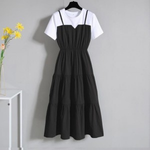 Suspenders Patchwork Fake Two Piece O-Neck Cupcake Midi Dress - Black