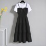 Suspenders Patchwork Fake Two Piece O-Neck Cupcake Midi Dress - Black