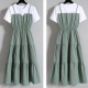 Suspenders Patchwork Fake Two Piece O-Neck Cupcake Midi Dress - Green image