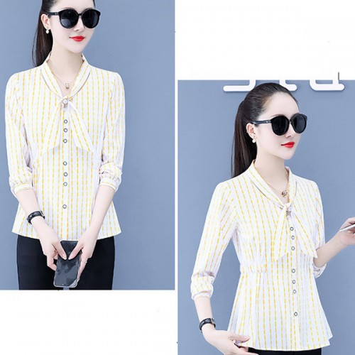 Fashionable Slimming Stripes Button Up Cardigan Bow Neck Women Tops - Yellow image