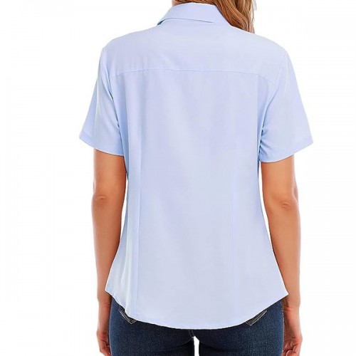 Trendy Plain Lapel Collar Button Closure Women Tops - Light Blue image