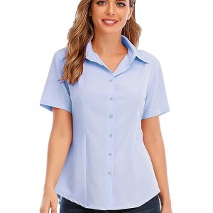 Trendy Plain Lapel Collar Button Closure Women Tops - Light Blue