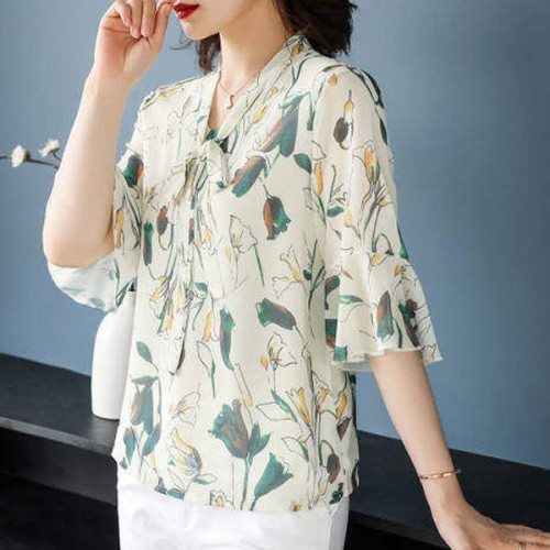 Comfort & Leisure Floral Bow V-neck Half Flare Sleeve Blouse Tops - Cream image