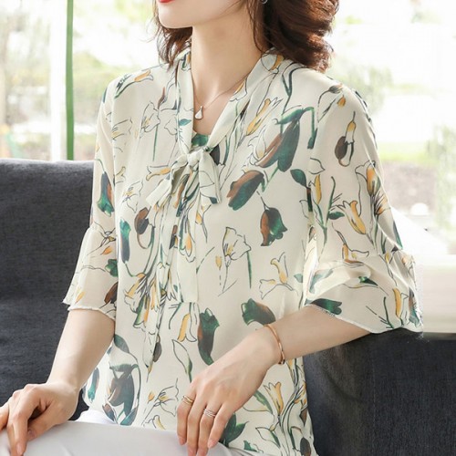 Comfort & Leisure Floral Bow V-neck Half Flare Sleeve Blouse Tops - Cream image