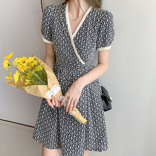 Comfortable Soft V Neck Floral Empire Waist A Line Women Mini Dress - Black image