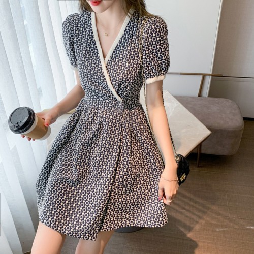 Comfortable Soft V Neck Floral Empire Waist A Line Women Mini Dress - Black image