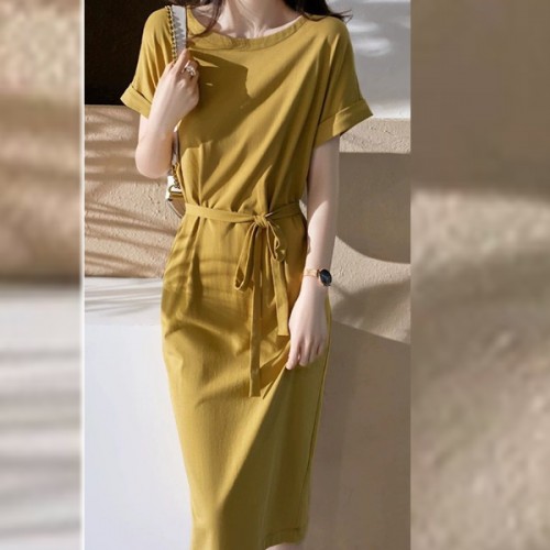 Solid Lace Up Loose Waist A Line Round Neck Women Midi Dress - Green image