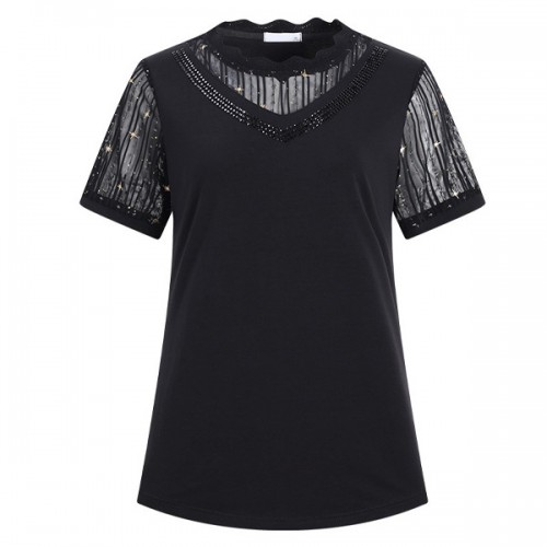 Mesh Stitching Short Sleeve Sequined Women Tops - Black image