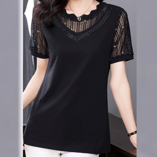 Mesh Stitching Short Sleeve Sequined Women Tops - Black image