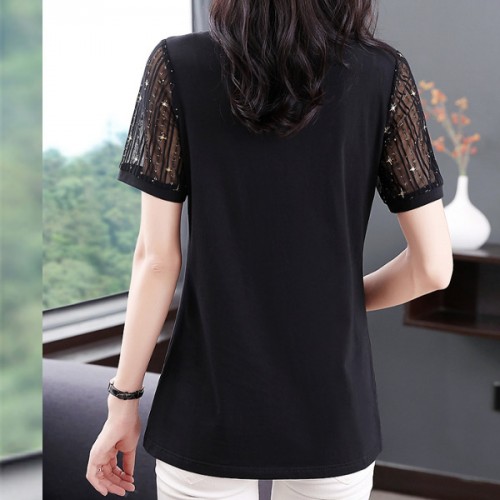 Mesh Stitching Short Sleeve Sequined Women Tops - Black image