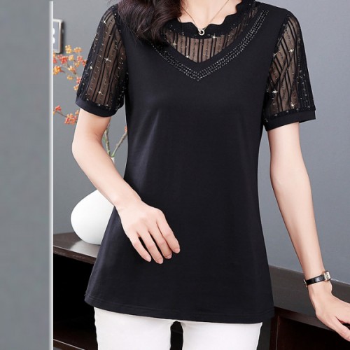 Mesh Stitching Short Sleeve Sequined Women Tops - Black image