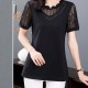 Mesh Stitching Short Sleeve Sequined Women Tops - Black image