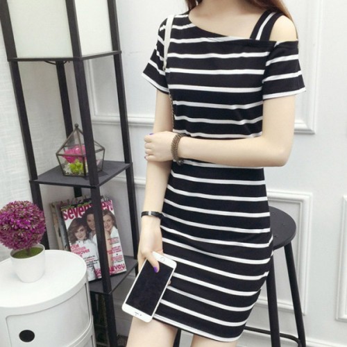 Modern Pullover Oblique Shoulder Strappy Women Mini Dress - Black image