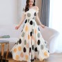 Elastic Waist Swing Polka Dot Square Neck Gown Maxi Long Dress - Cream