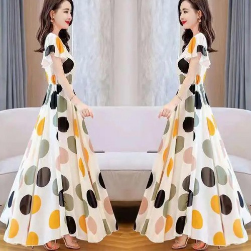 Elastic Waist Swing Polka Dot Square Neck Gown Maxi Long Dress - Cream image