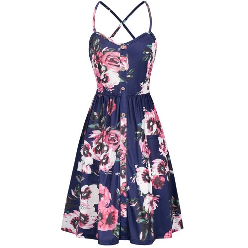 Elegant Blossom Sleeveless Big Hem Midi Dress - Blue image