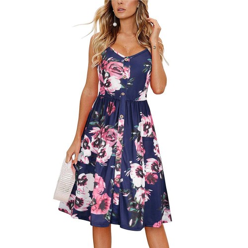 Elegant Blossom Sleeveless Big Hem Midi Dress - Blue image