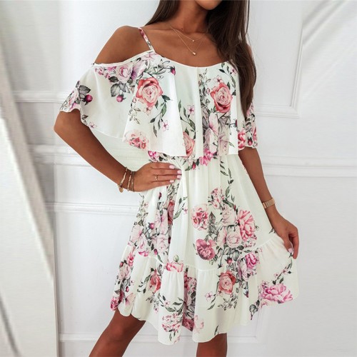 Ruffle Off Shoulder Spaghetti Trumpet Sleeves Midi Dress - White image