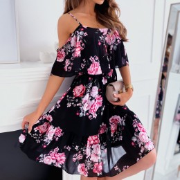 Ruffle Off Shoulder Spaghetti Trumpet Sleeves Midi Dress - Black