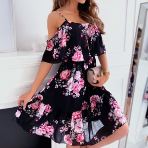 Ruffle Off Shoulder Spaghetti Trumpet Sleeves Midi Dress - Black