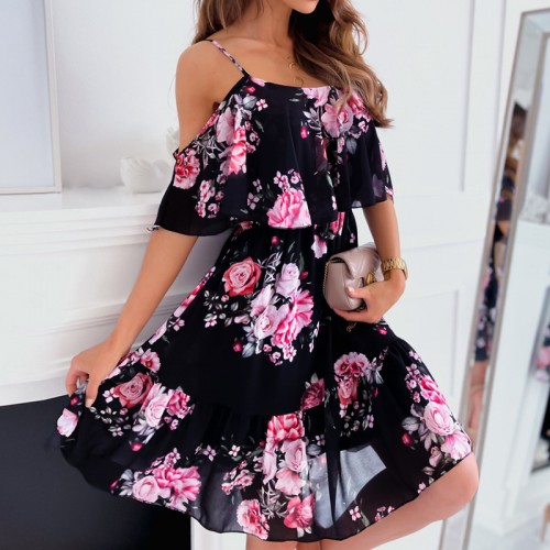 Ruffle Off Shoulder Spaghetti Trumpet Sleeves Midi Dress - Black image