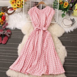 Elegant Polka Dot Sleeveless High Waist Midi Dress - Pink