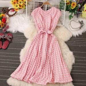 Elegant Polka Dot Sleeveless High Waist Midi Dress - Pink