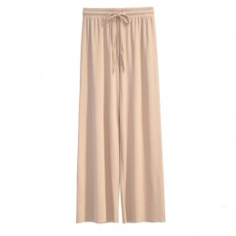 Soft Lace Up Wide Leg Long High Waist Palazzo Trouser Pants - Beige