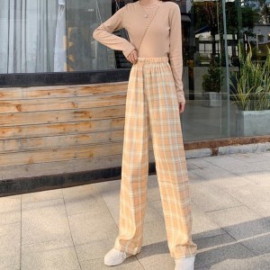 Vintage High Waist Elastic Plaid Women Joggers Sweatpants - Yellow