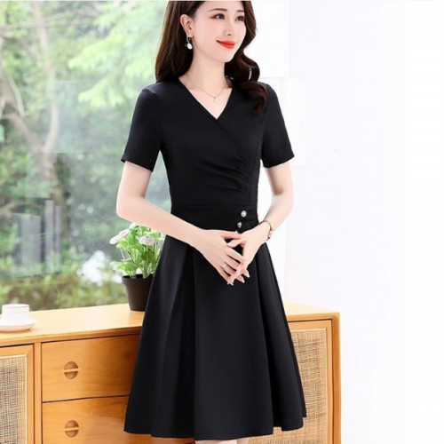 Elegant V Neck Waist Strap Buttons Women Midi Dress - Black image