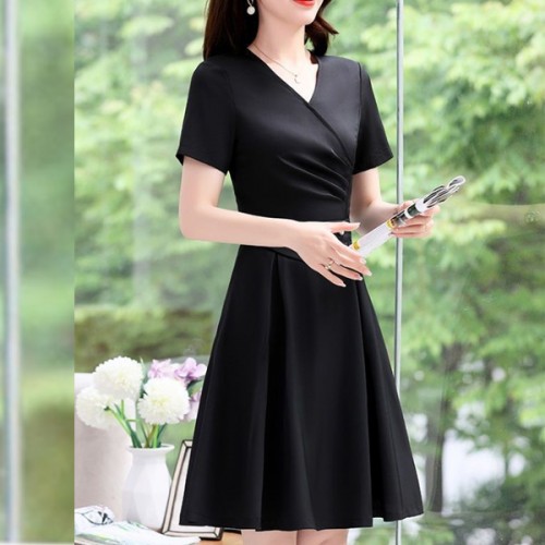 Elegant V Neck Waist Strap Buttons Women Midi Dress - Black image