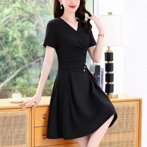Elegant V Neck Waist Strap Buttons Women Midi Dress - Black image