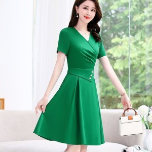 Elegant V Neck Waist Strap Buttons Women Midi Dress - Green