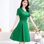 Elegant V Neck Waist Strap Buttons Women Midi Dress - Green