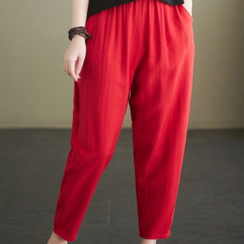 Side Pockets Loose Fit Elastic Cropped Trouser Pants - Red image