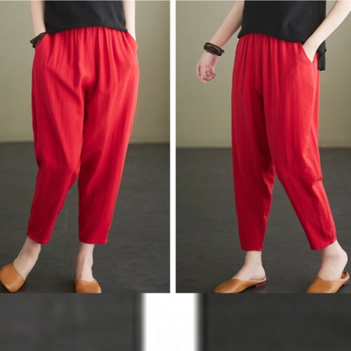 Side Pockets Loose Fit Elastic Cropped Trouser Pants - Red image