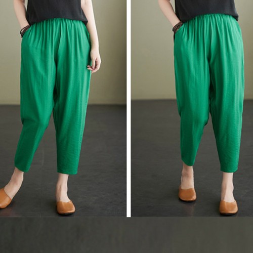 Side Pockets Loose Fit Elastic Cropped Trouser Pants - Green image