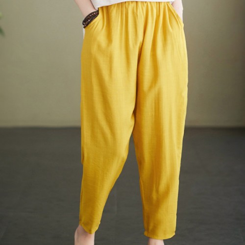 Side Pockets Loose Fit Elastic Cropped Trouser Pants - Yellow image