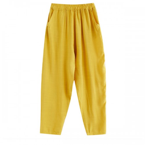 Side Pockets Loose Fit Elastic Cropped Trouser Pants - Yellow image