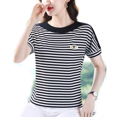 Beautiful Striped Style Round Neck Women T Shirt - Black image