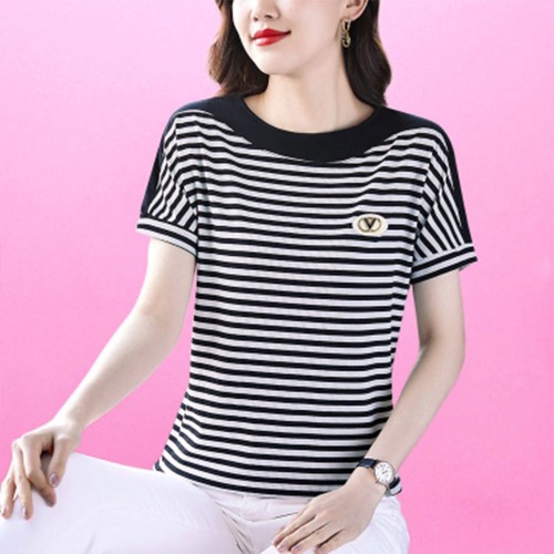 Beautiful Striped Style Round Neck Women T Shirt - Black image