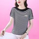 Beautiful Striped Style Round Neck Women T Shirt - Black image