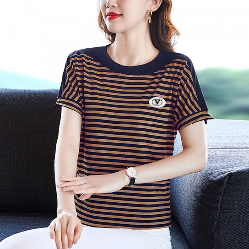Beautiful Striped Style Round Neck Women T Shirt - Brown image