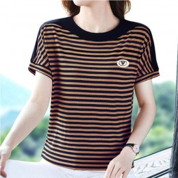 Beautiful Striped Style Round Neck Women T Shirt - Brown
