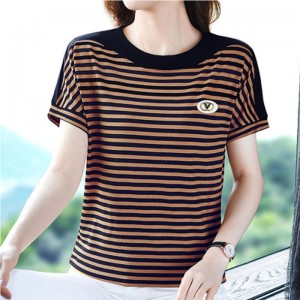 Beautiful Striped Style Round Neck Women T Shirt - Brown