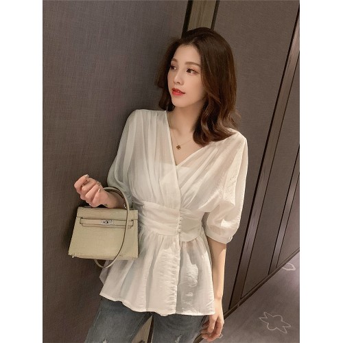 Elegant White V-Neck Blouse with Cinched Waist image